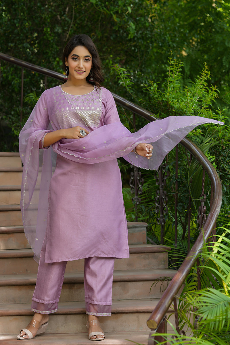Mauve Poly Silk Solid Sequin Straight Suit Set - Mauve