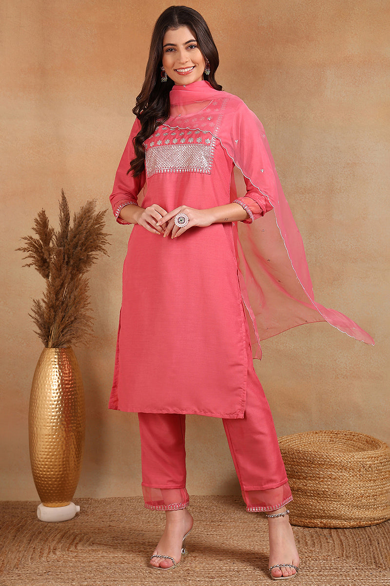 Pink Poly Silk Solid Sequin Straight Suit Set - Pink