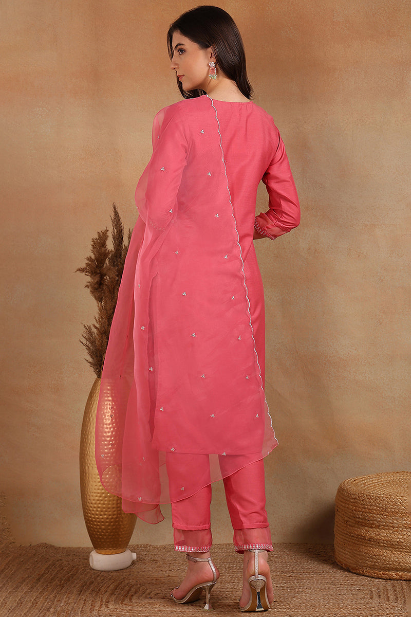 Pink Poly Silk Solid Sequin Straight Suit Set - Pink