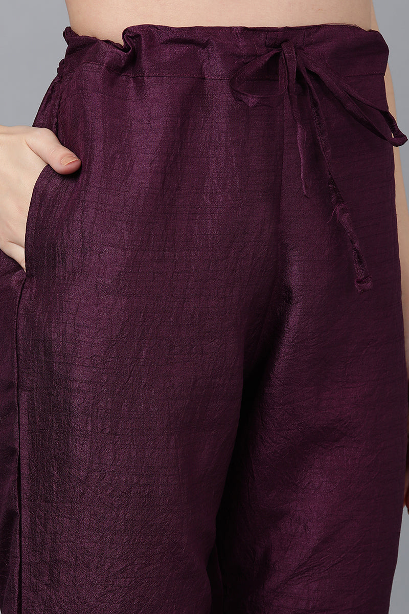 Purple Poly Silk Solid Straight Suit Set - Purple