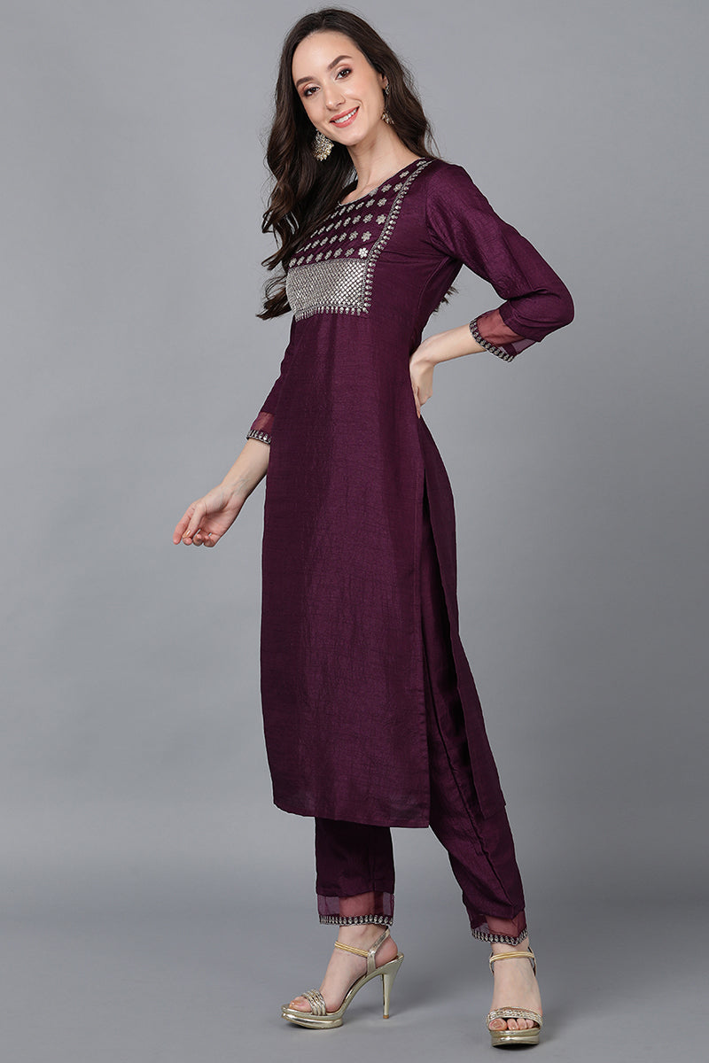 Purple Poly Silk Solid Straight Suit Set - Purple