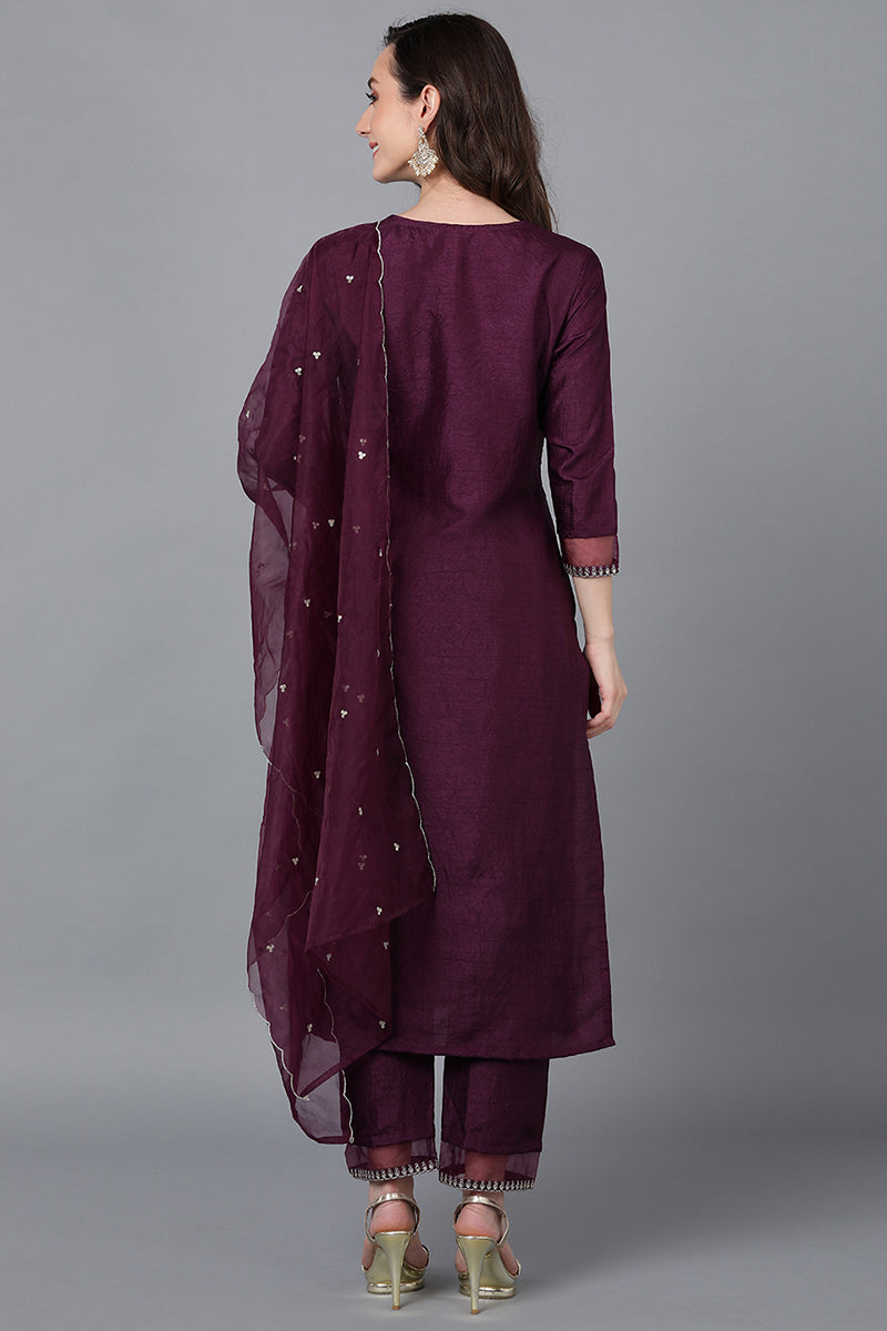 Purple Poly Silk Solid Straight Suit Set - Purple