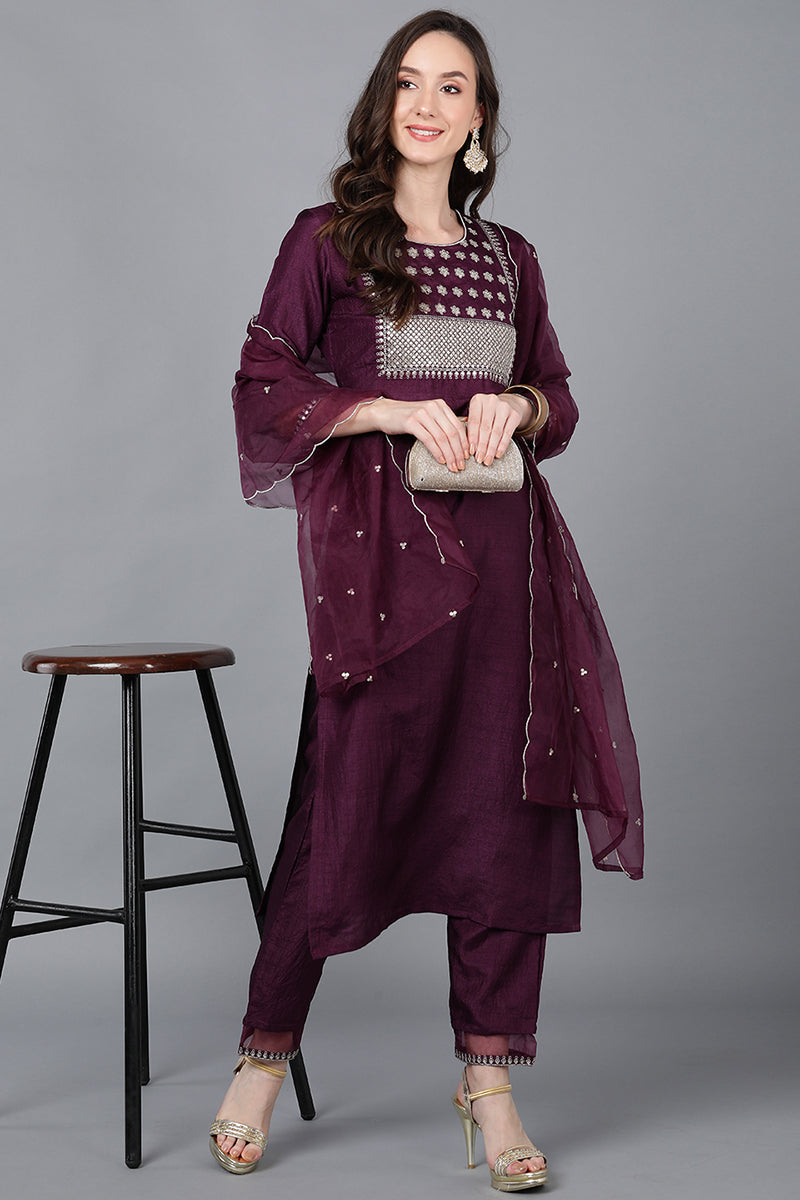 Purple Poly Silk Solid Straight Suit Set - Purple