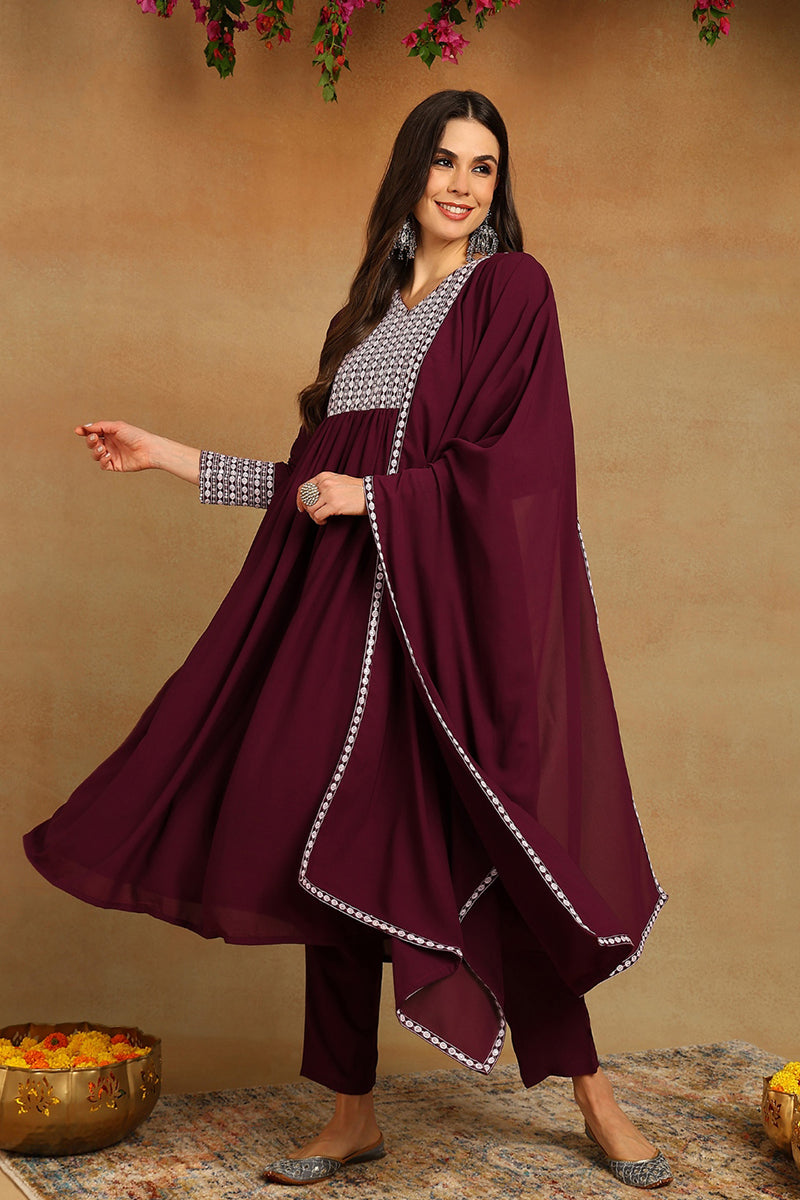 Burgundy Poly Georgette Yoke Design Suit Set - Burgundy