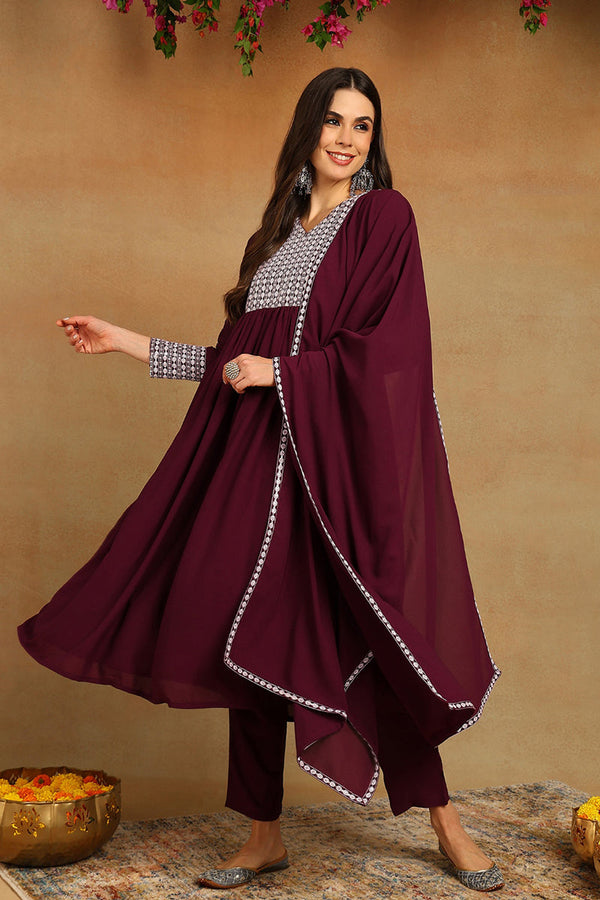 Burgundy Poly Georgette Yoke Design Suit Set - Burgundy