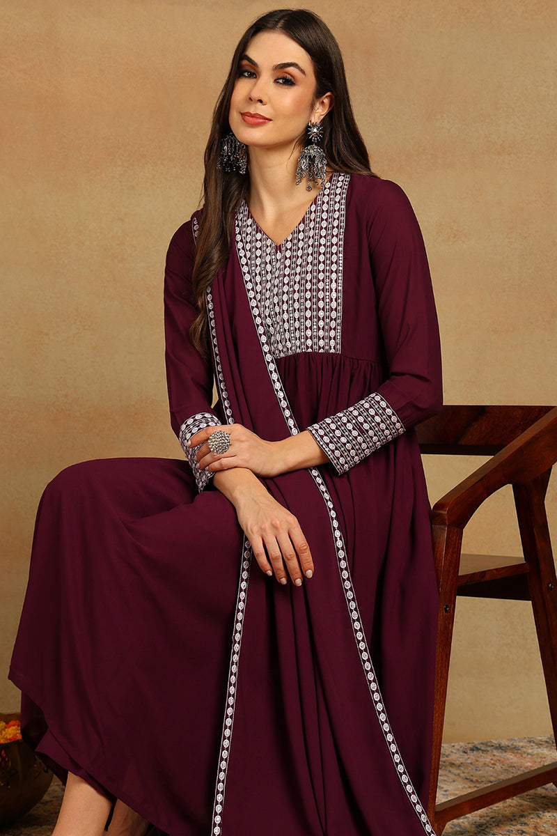 Burgundy Poly Georgette Yoke Design Suit Set - Burgundy