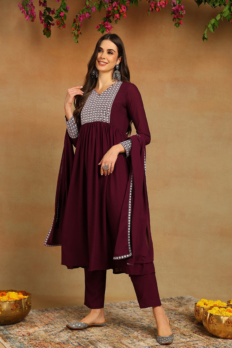 Burgundy Poly Georgette Yoke Design Suit Set - Burgundy