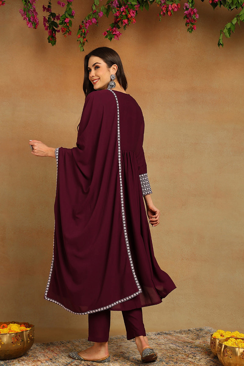 Burgundy Poly Georgette Yoke Design Suit Set - Burgundy