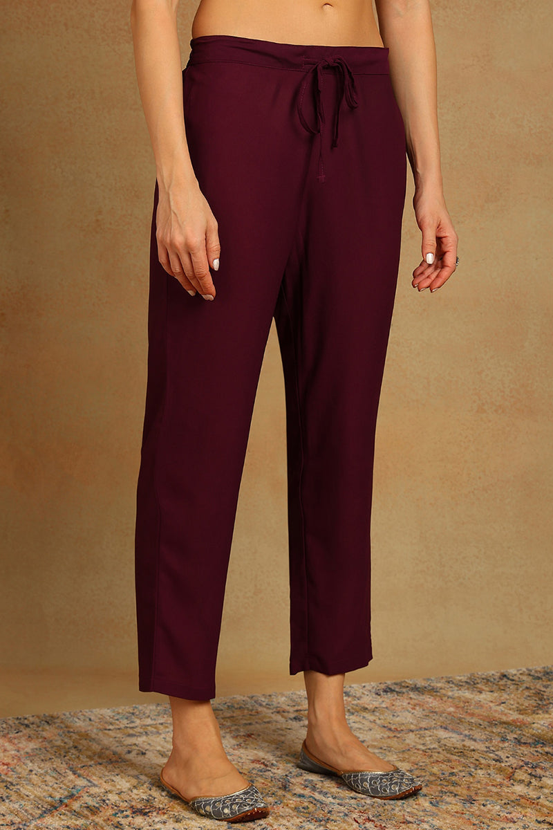 Burgundy Poly Georgette Yoke Design Suit Set - Burgundy