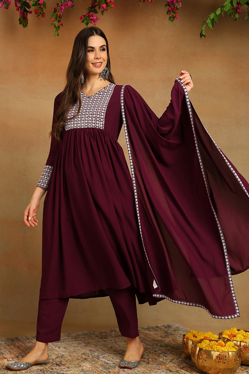 Burgundy Poly Georgette Yoke Design Suit Set - Burgundy