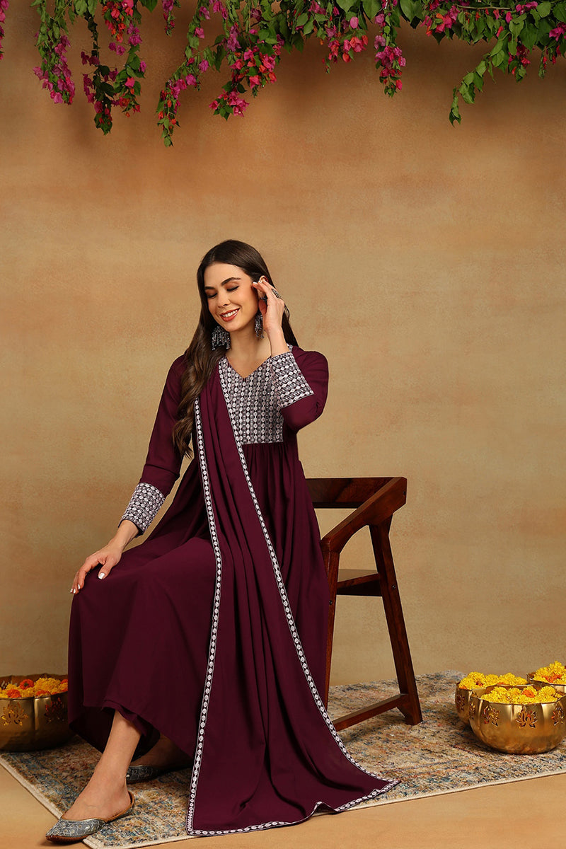 Burgundy Poly Georgette Yoke Design Suit Set - Burgundy