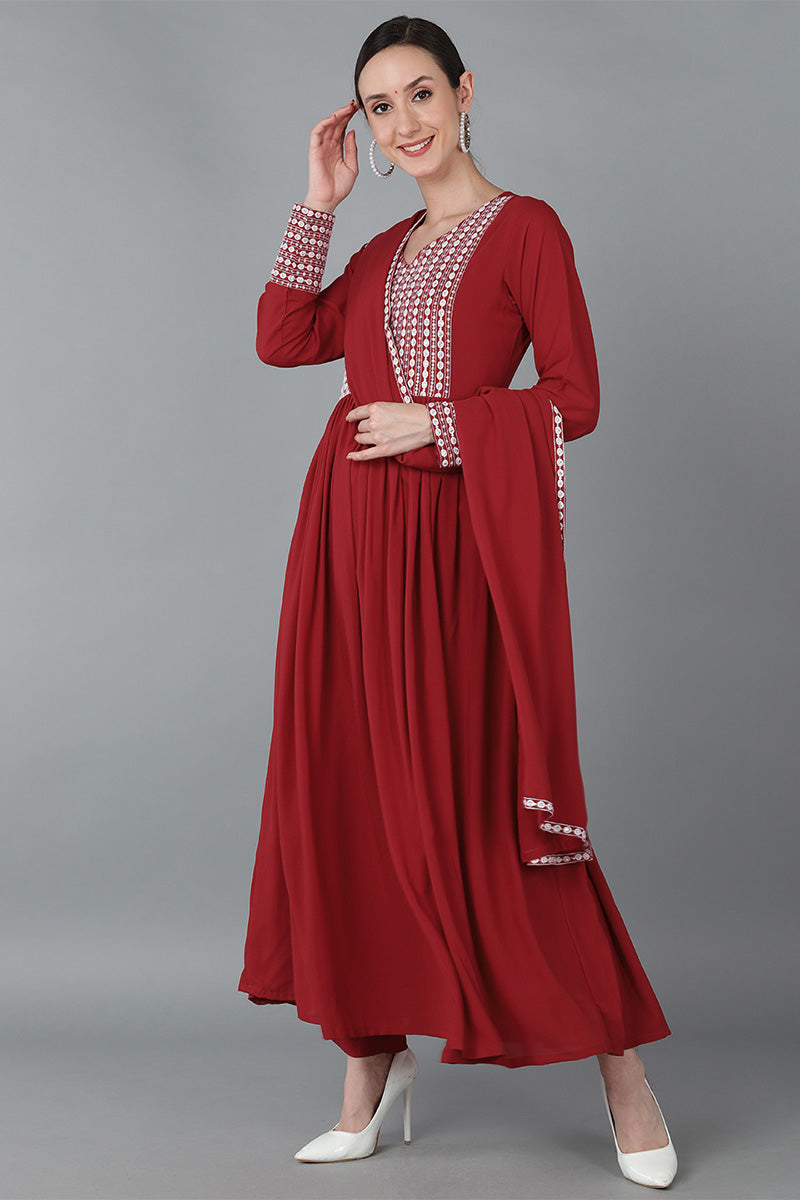 Red Poly Georgette Yoke Design Suit Set - Red