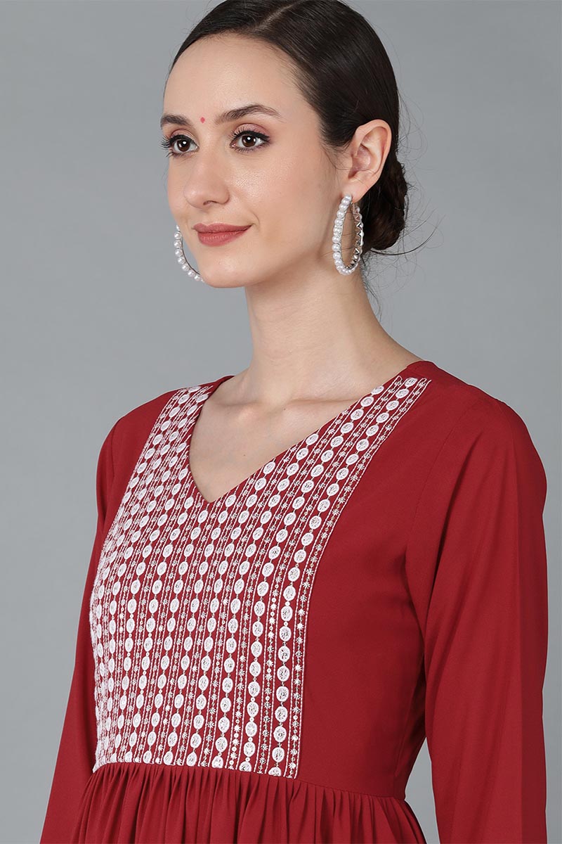 Red Poly Georgette Yoke Design Suit Set - Red