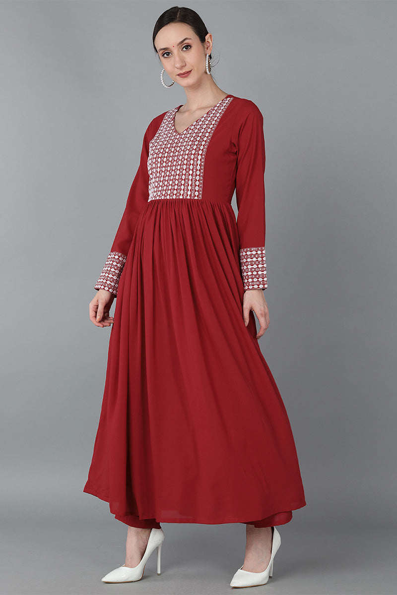 Red Poly Georgette Yoke Design Suit Set - Red