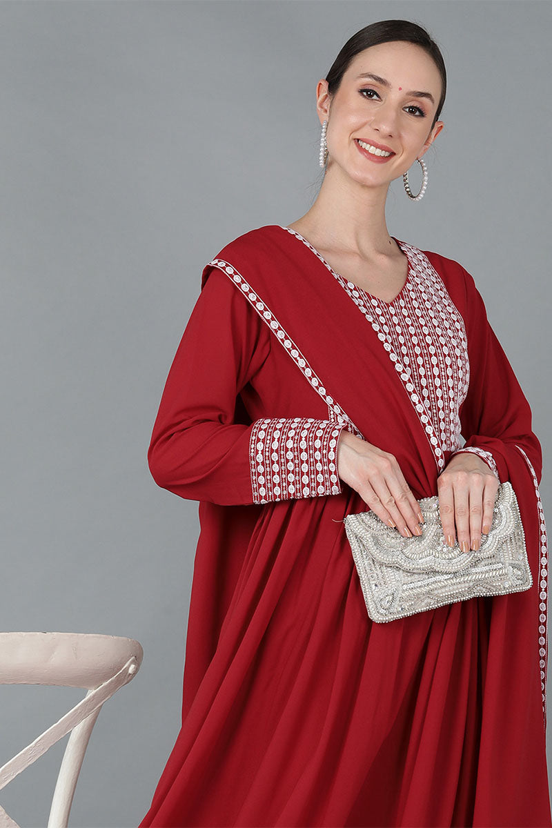 Red Poly Georgette Yoke Design Suit Set - Red