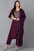 Silk Blend Purple Embroidered Straight Kurta Pant With Dupatta - Purple