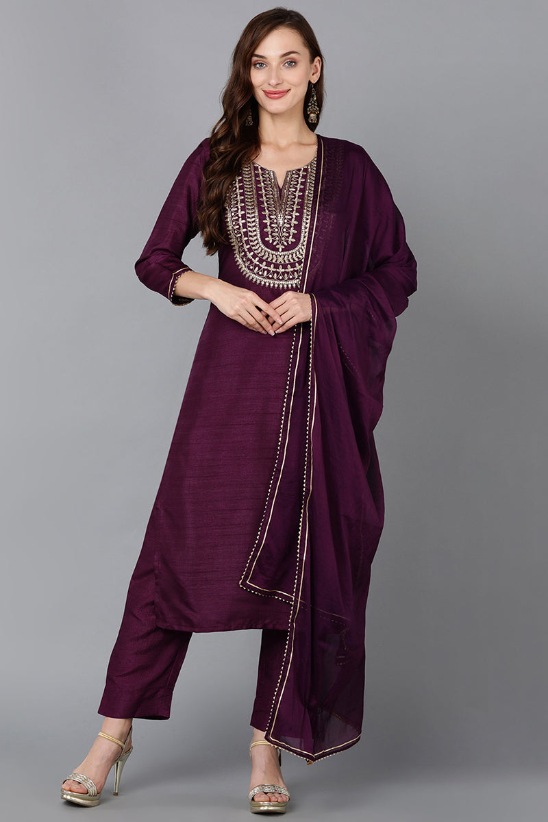 Silk Blend Purple Embroidered Straight Kurta Pant With Dupatta - Purple