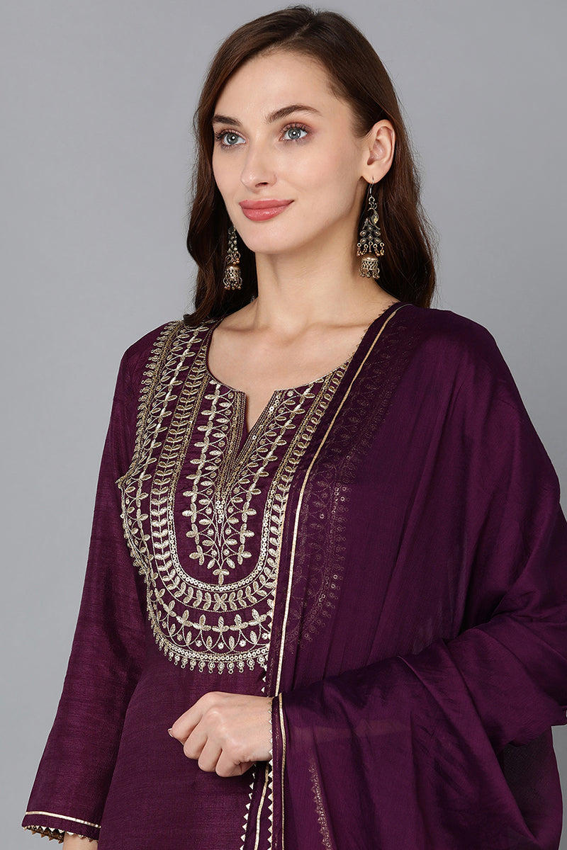 Silk Blend Purple Embroidered Straight Kurta Pant With Dupatta - Purple
