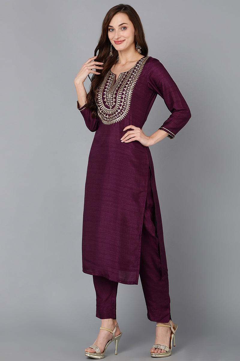 Silk Blend Purple Embroidered Straight Kurta Pant With Dupatta - Purple