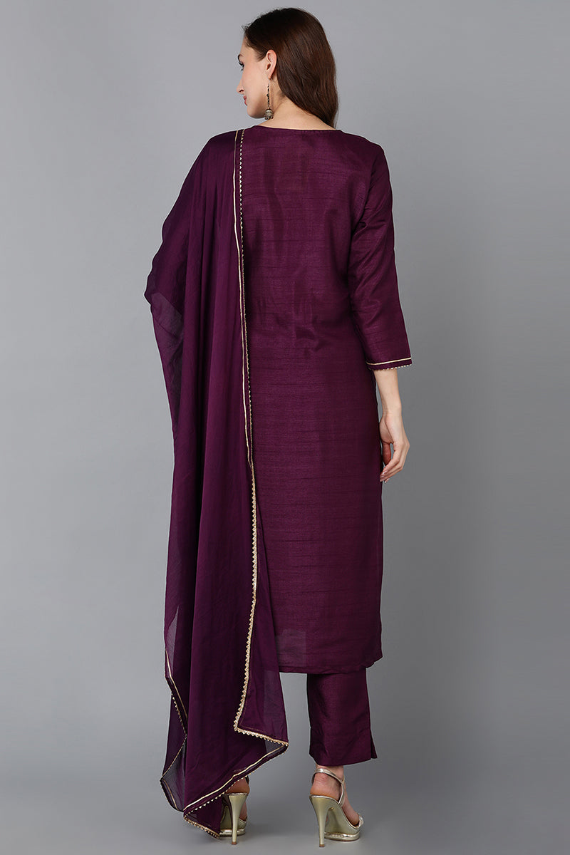 Silk Blend Purple Embroidered Straight Kurta Pant With Dupatta - Purple