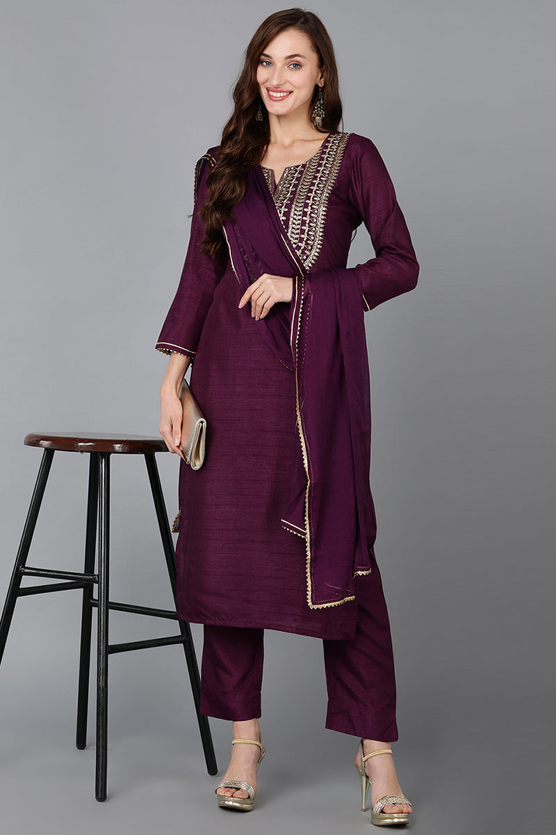 Silk Blend Purple Embroidered Straight Kurta Pant With Dupatta - Purple