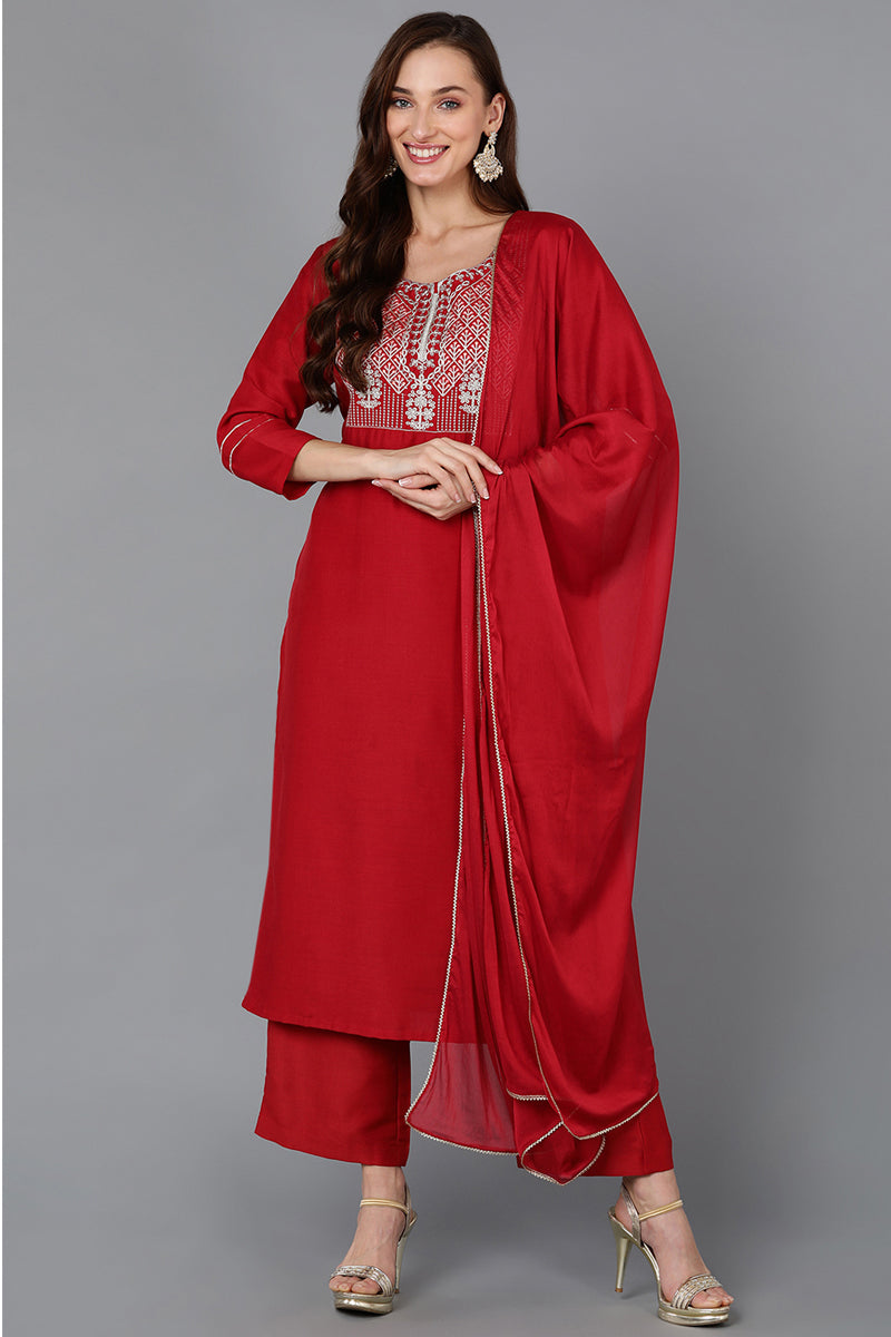 Red Silk Blend Straight Kurta Palazzo With Dupatta - Red