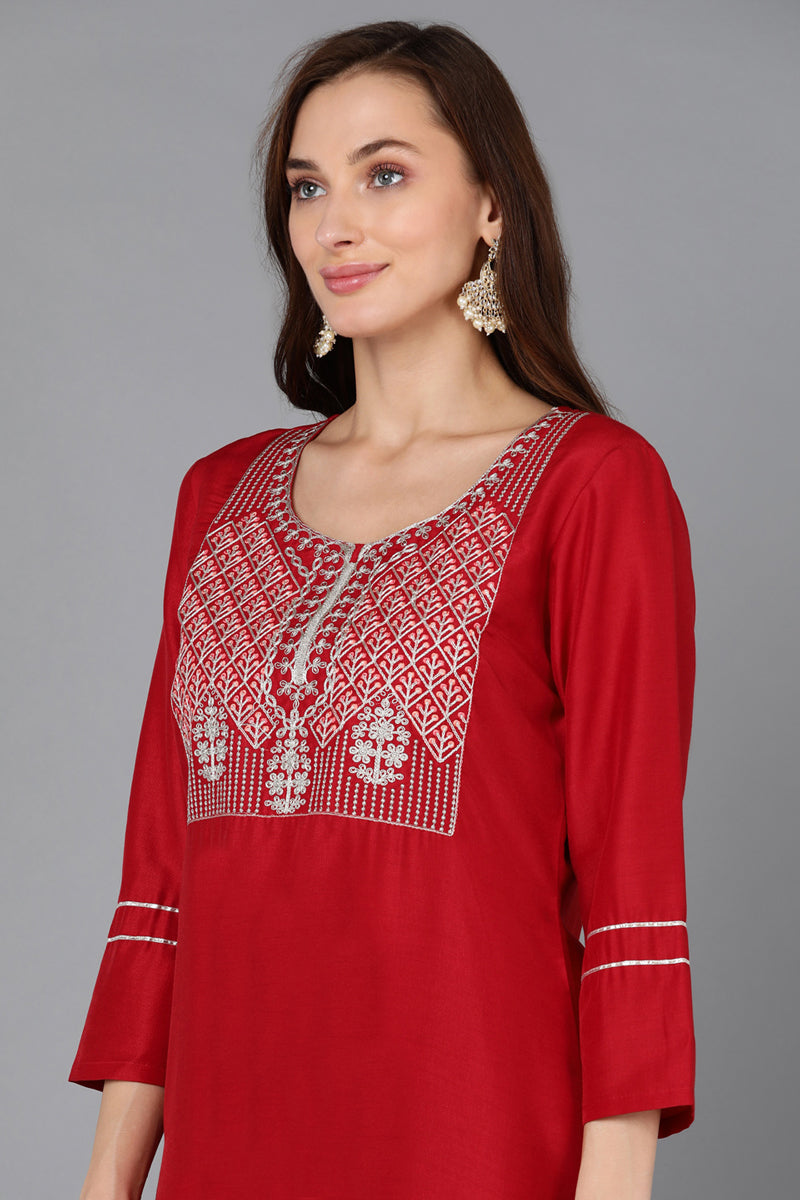 Red Silk Blend Straight Kurta Palazzo With Dupatta - Red