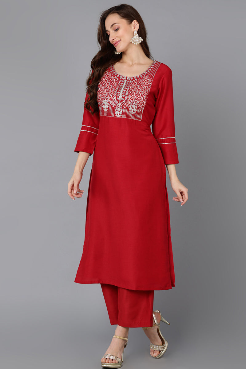 Red Silk Blend Straight Kurta Palazzo With Dupatta - Red