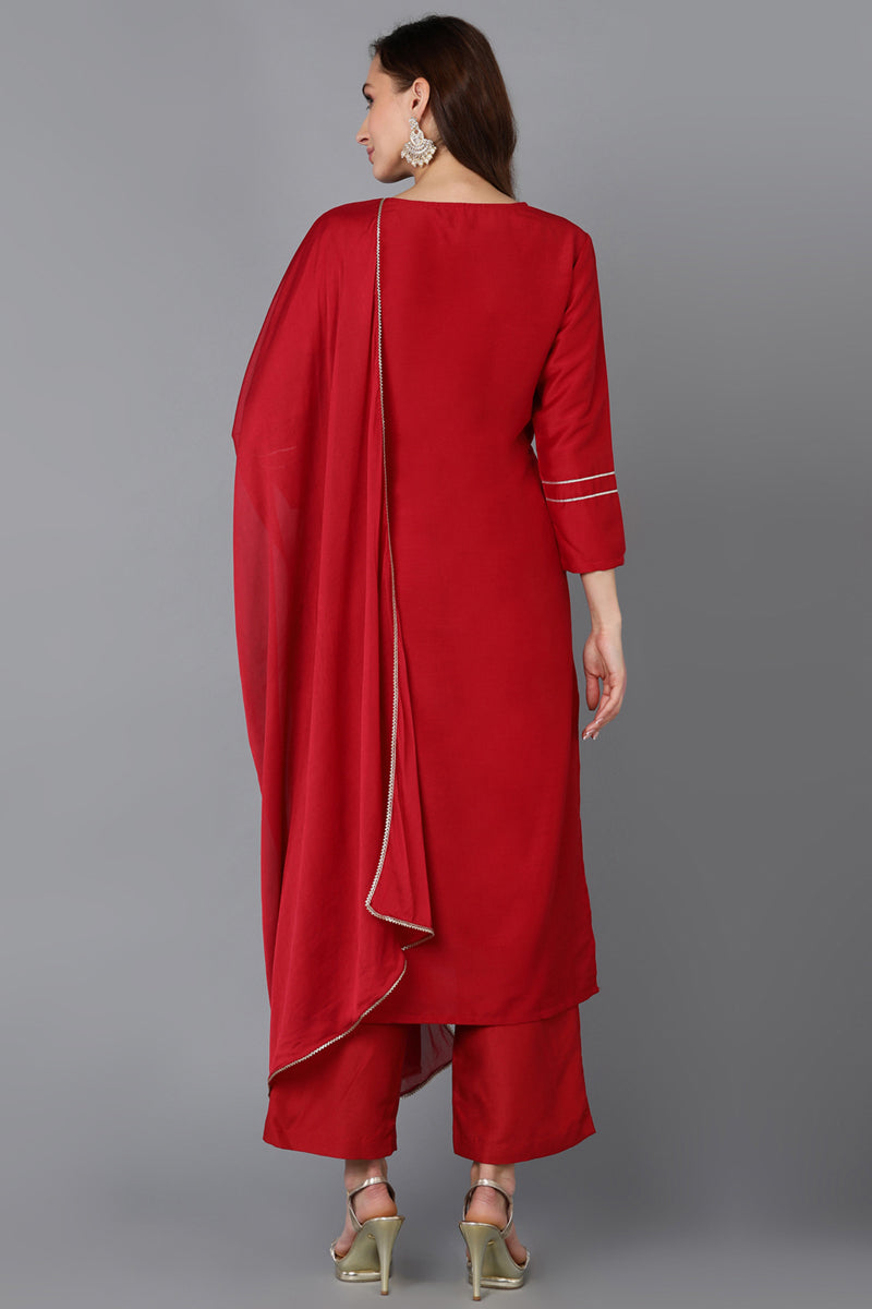 Red Silk Blend Straight Kurta Palazzo With Dupatta - Red