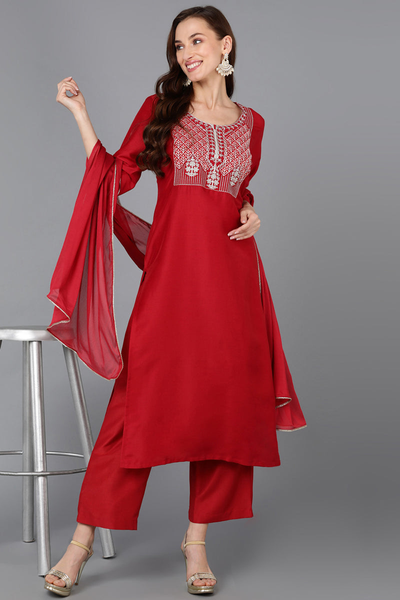 Red Silk Blend Straight Kurta Palazzo With Dupatta - Red