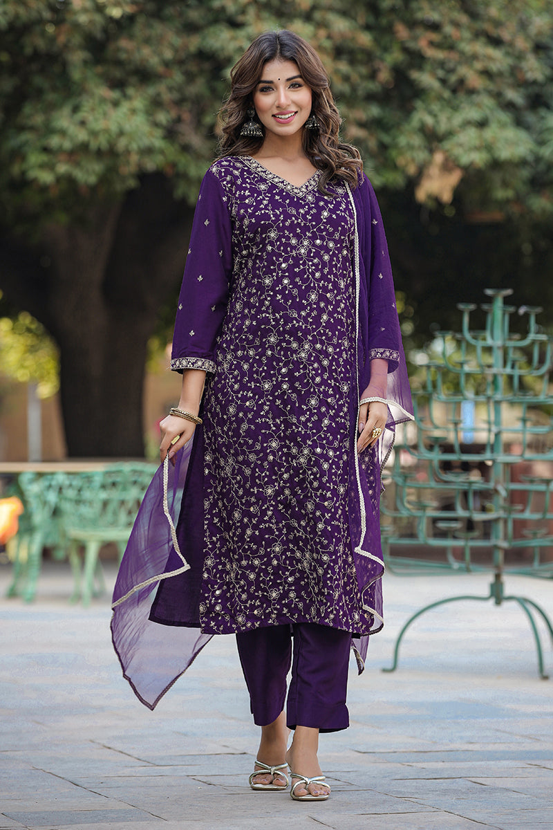 Purple Silk Blend Ethnic Motifs Straight Suit Set - Purple