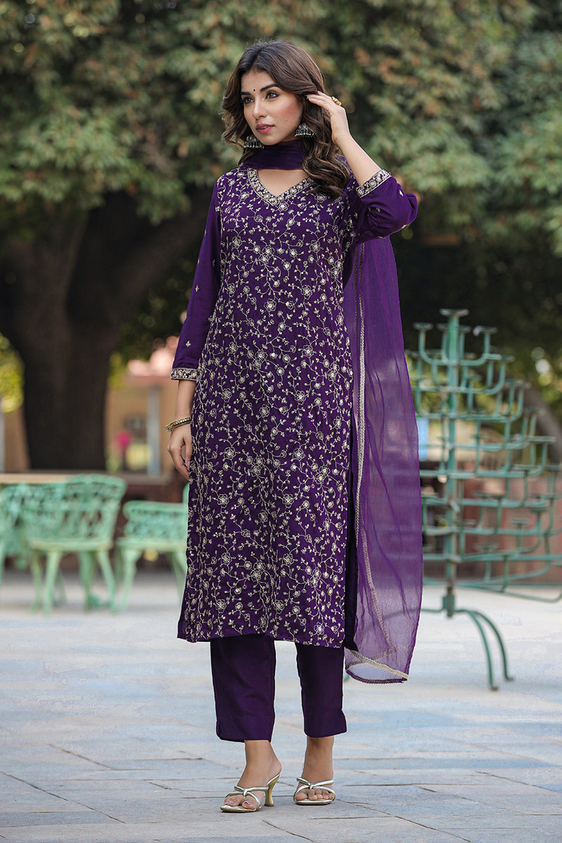 Purple Silk Blend Ethnic Motifs Straight Suit Set - Purple