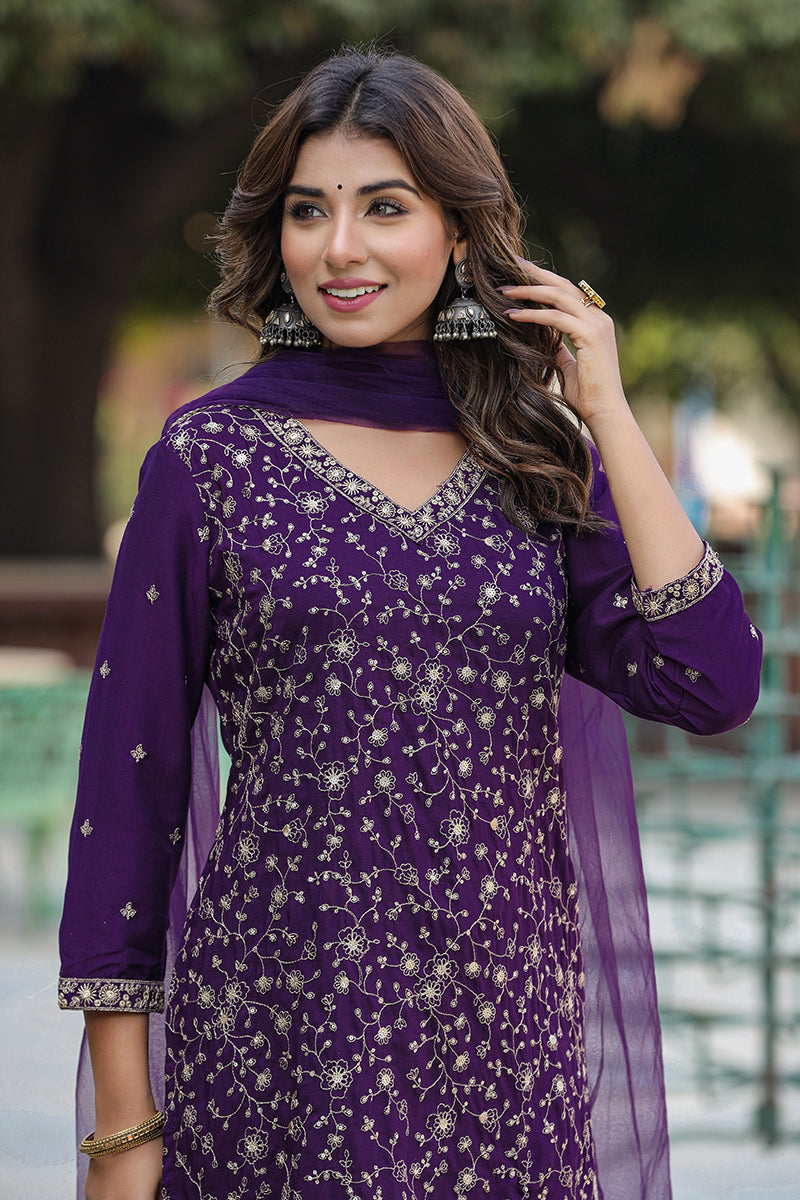 Purple Silk Blend Ethnic Motifs Straight Suit Set - Purple