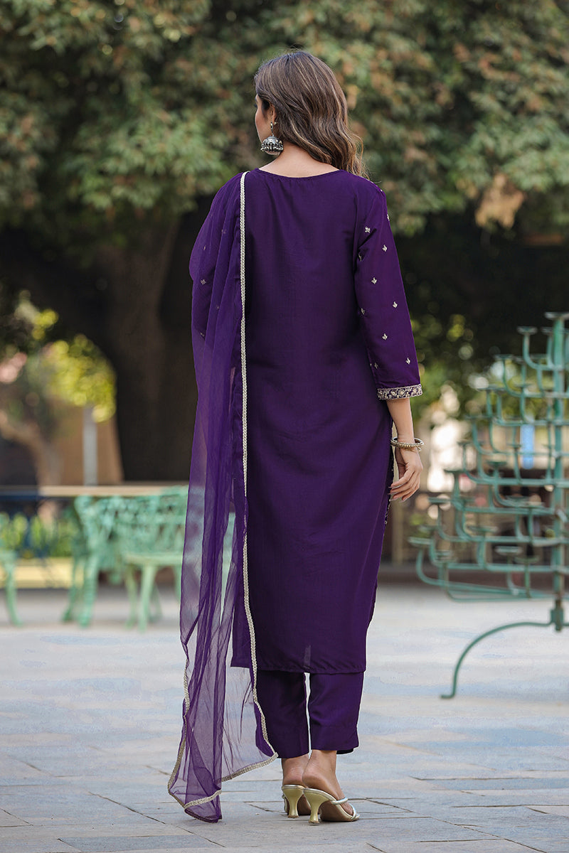 Purple Silk Blend Ethnic Motifs Straight Suit Set - Purple