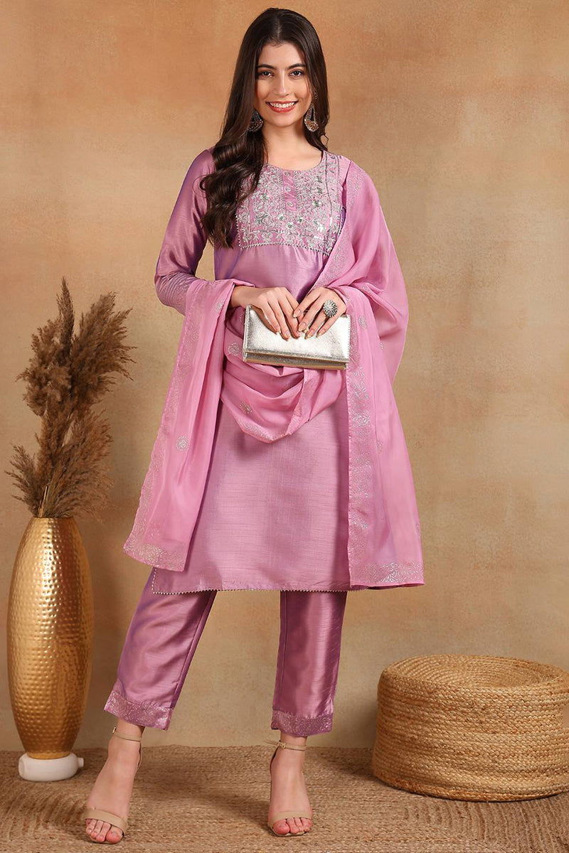 Lavender Silk Blend Straight Kurta Pant With Dupatta - Lavender