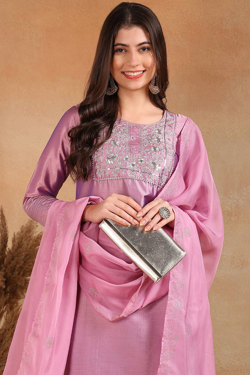 Lavender Silk Blend Straight Kurta Pant With Dupatta - Lavender