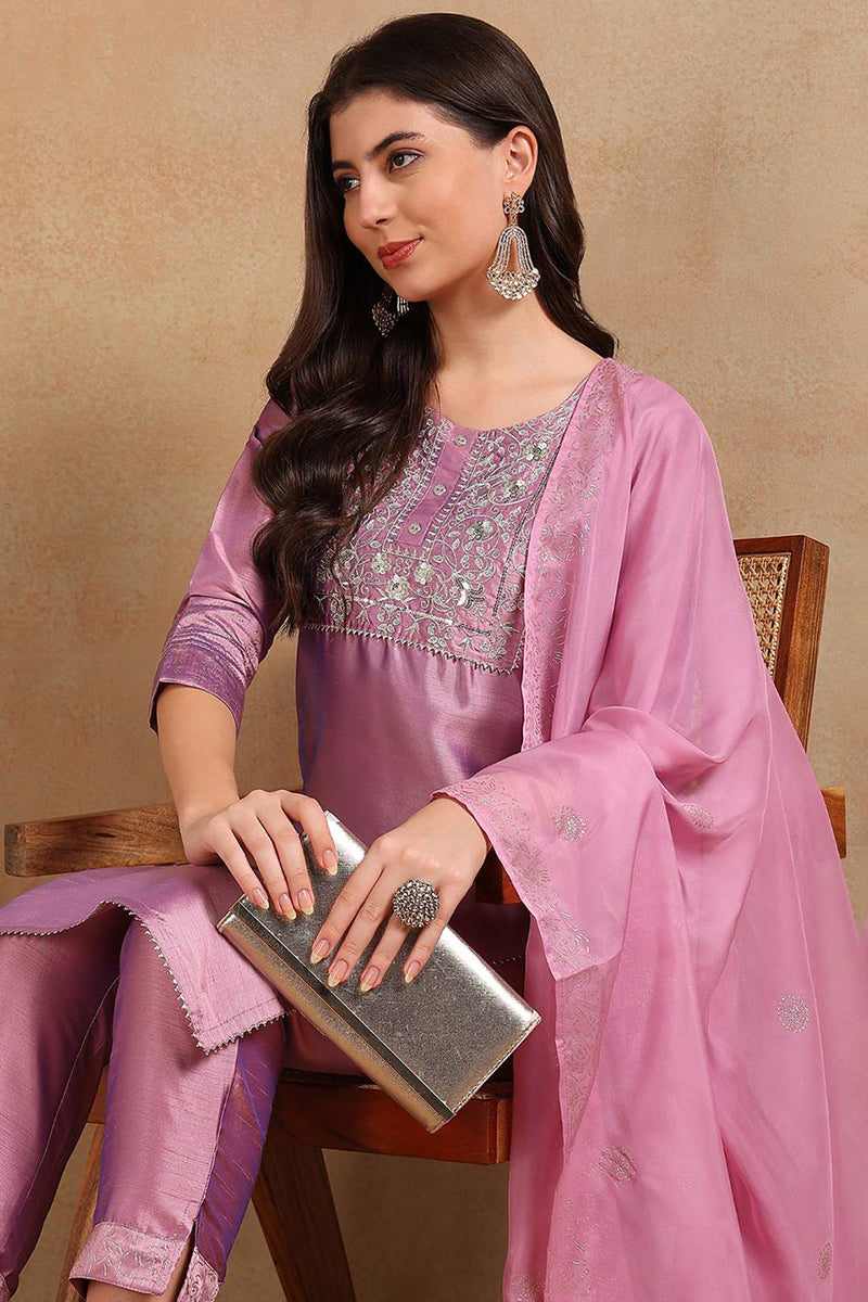 Lavender Silk Blend Straight Kurta Pant With Dupatta - Lavender
