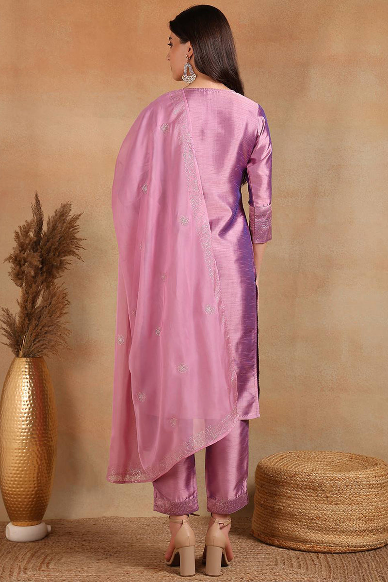 Lavender Silk Blend Straight Kurta Pant With Dupatta - Lavender