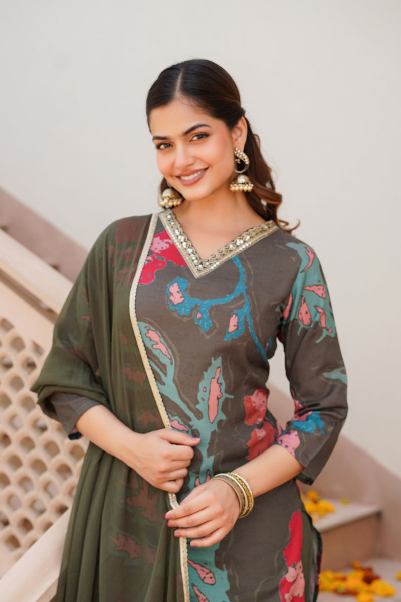 Olive Rayon Blend Floral Printed Straight Suit Set - Green