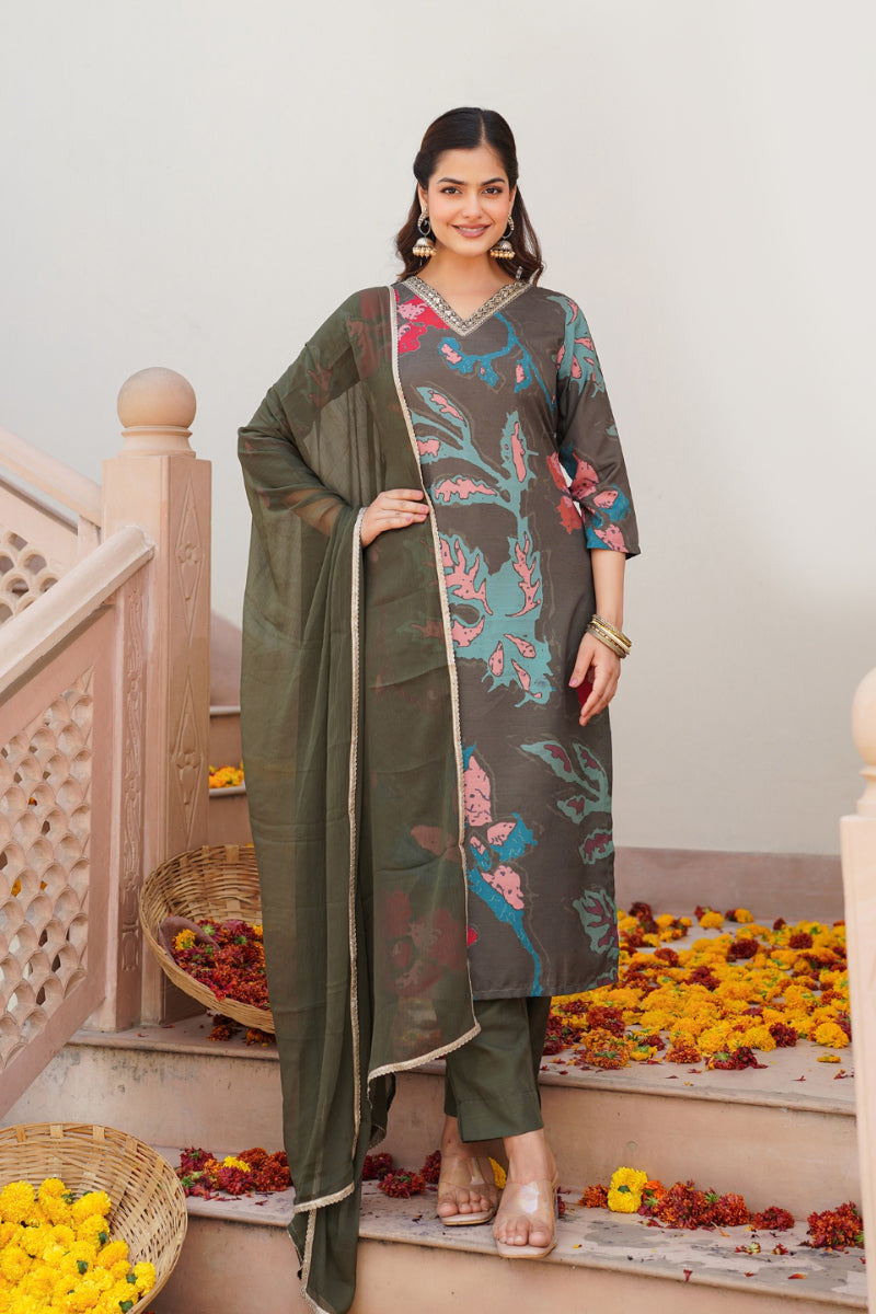 Olive Rayon Blend Floral Printed Straight Suit Set - Green