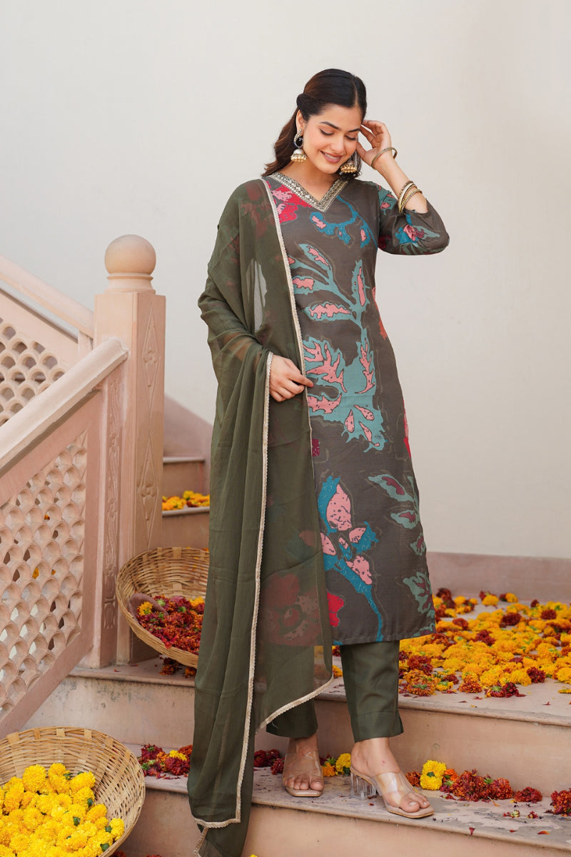 Olive Rayon Blend Floral Printed Straight Suit Set - Green