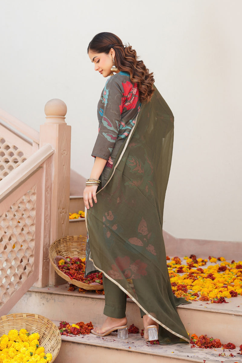 Olive Rayon Blend Floral Printed Straight Suit Set - Green