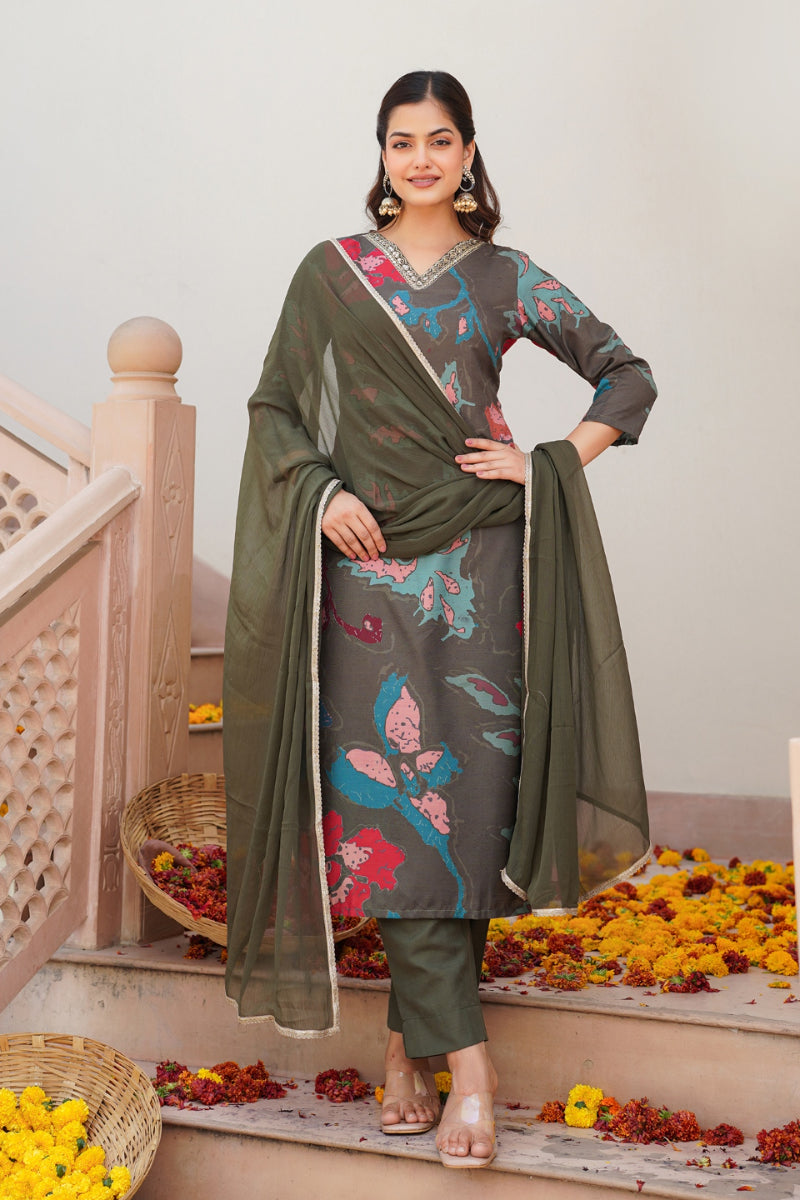 Olive Rayon Blend Floral Printed Straight Suit Set - Green