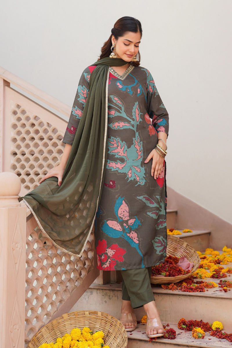 Olive Rayon Blend Floral Printed Straight Suit Set - Green