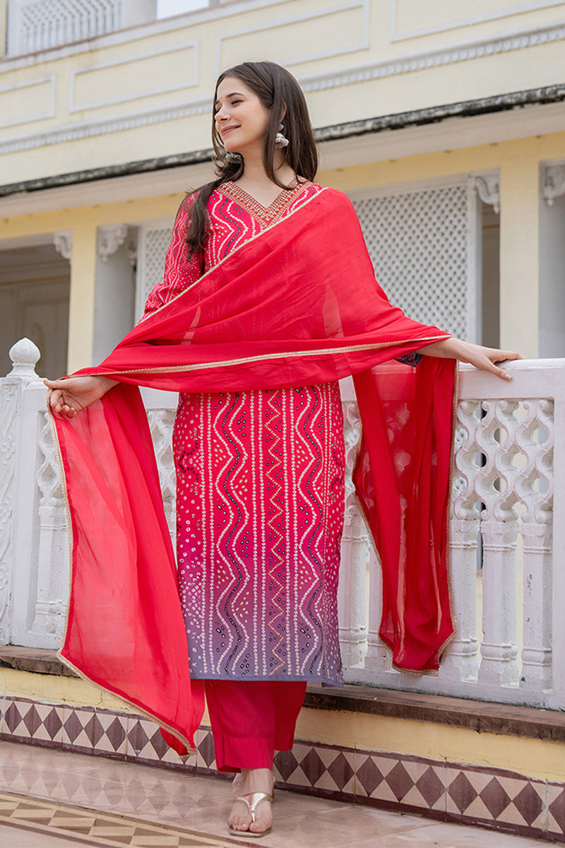 Red Rayon Blend Bandhani Printed Straight Trouser Bottom Suit Set - Red