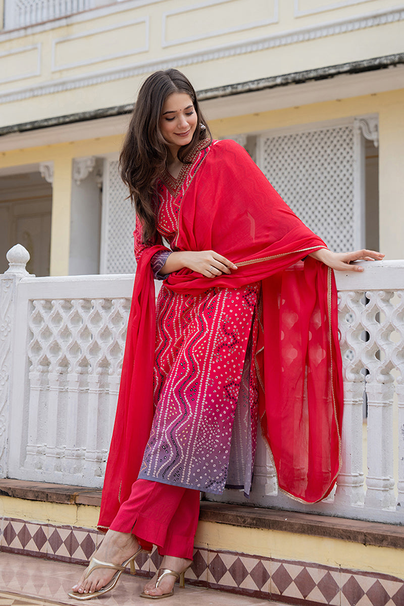 Red Rayon Blend Bandhani Printed Straight Trouser Bottom Suit Set - Red
