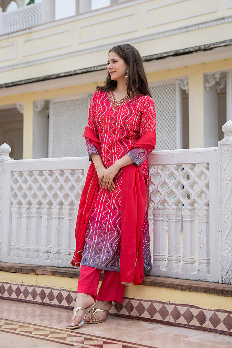 Red Rayon Blend Bandhani Printed Straight Trouser Bottom Suit Set - Red