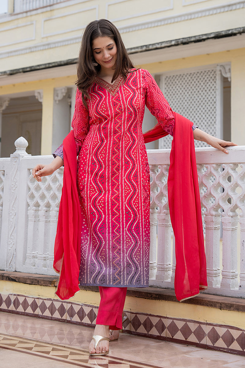 Red Rayon Blend Bandhani Printed Straight Trouser Bottom Suit Set - Red