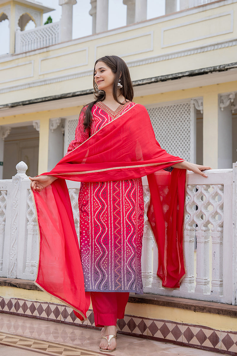 Red Rayon Blend Bandhani Printed Straight Trouser Bottom Suit Set - Red