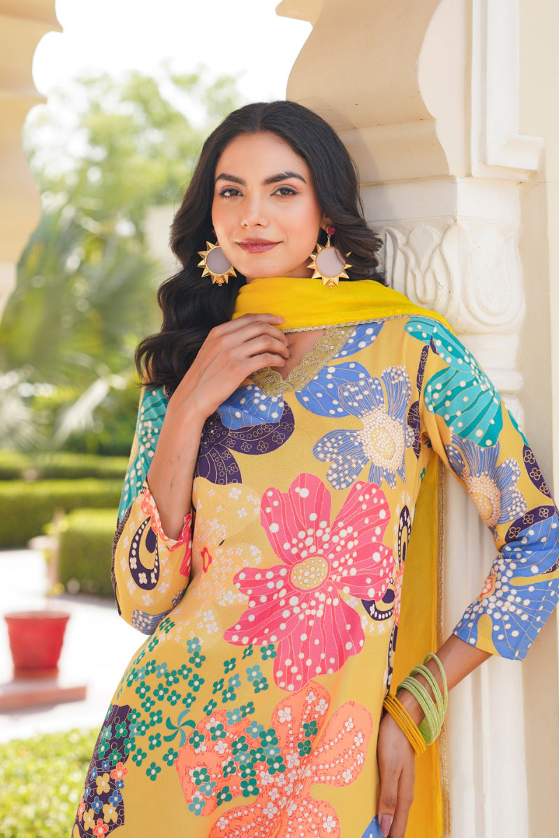 Yellow Cotton Blend Floral Printed Straight Trouser Suit Set - Yellow